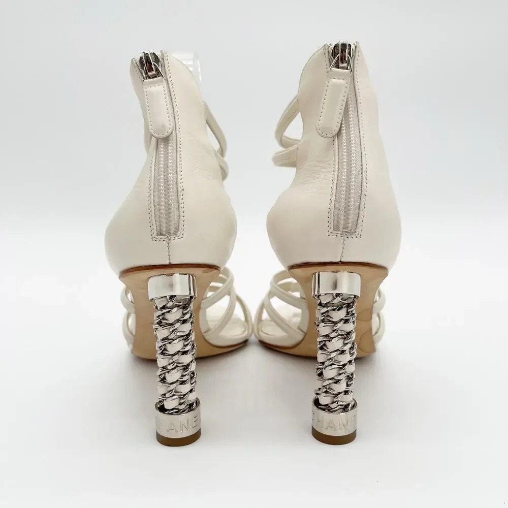 Chanel Ivory Leather Caged Coco Tower Chain Link Heel Ankle Zip Sandals EU 39